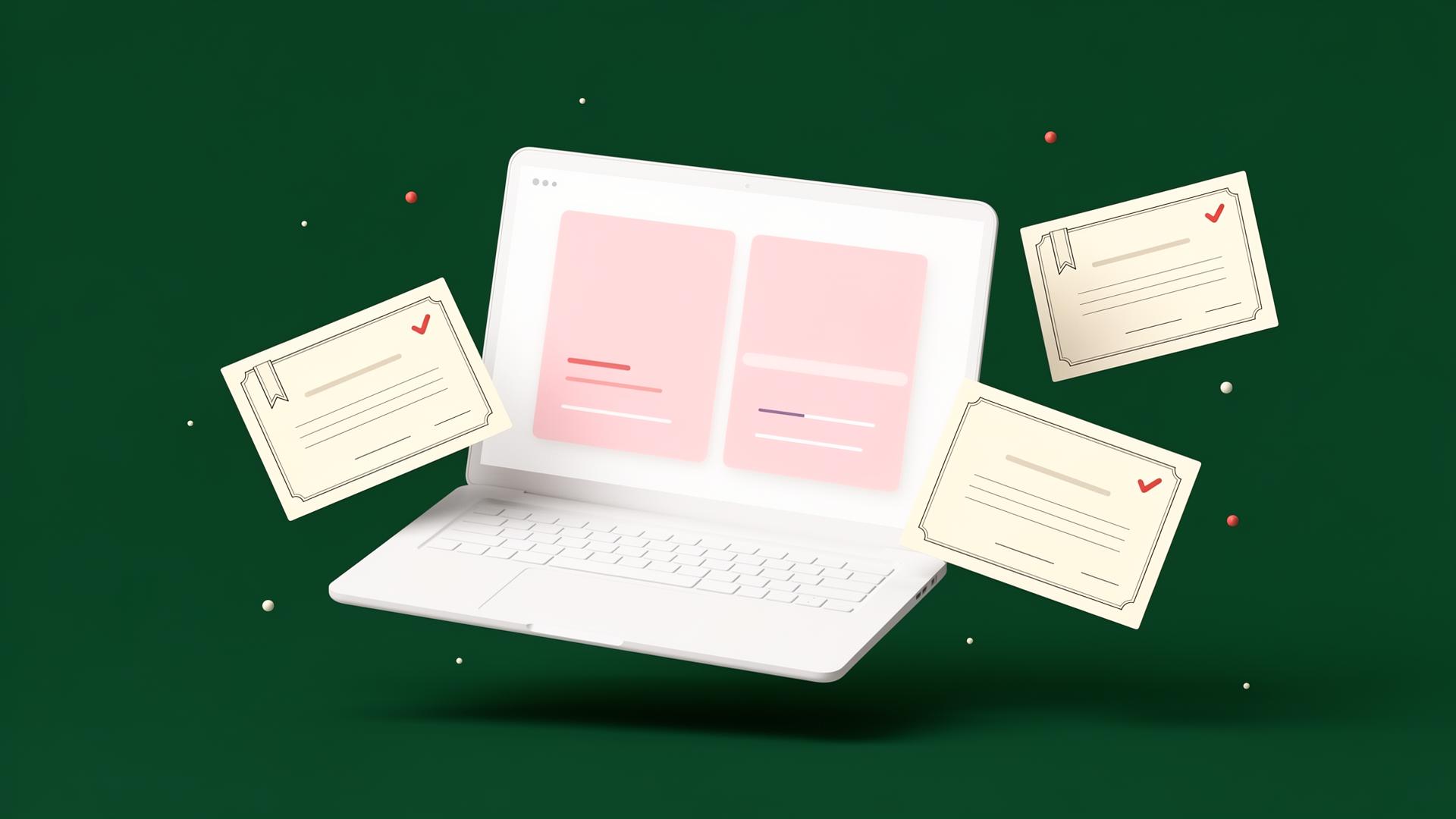 Illustration of a laptop showing online training slides next to a certificate ribbon